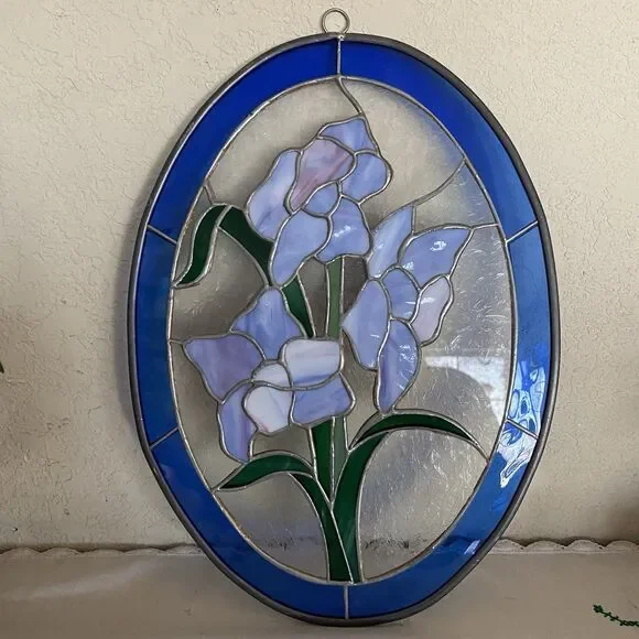 Vintage Handcrafted Large Stained Glass Suncatcher With Iris Flowers. No Cracks! - Picture 1 of 8